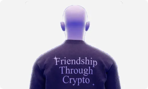 De NFT: een figuur op de rug gezien in een paarse trui met de tekst “Friendship Through Crypto”.