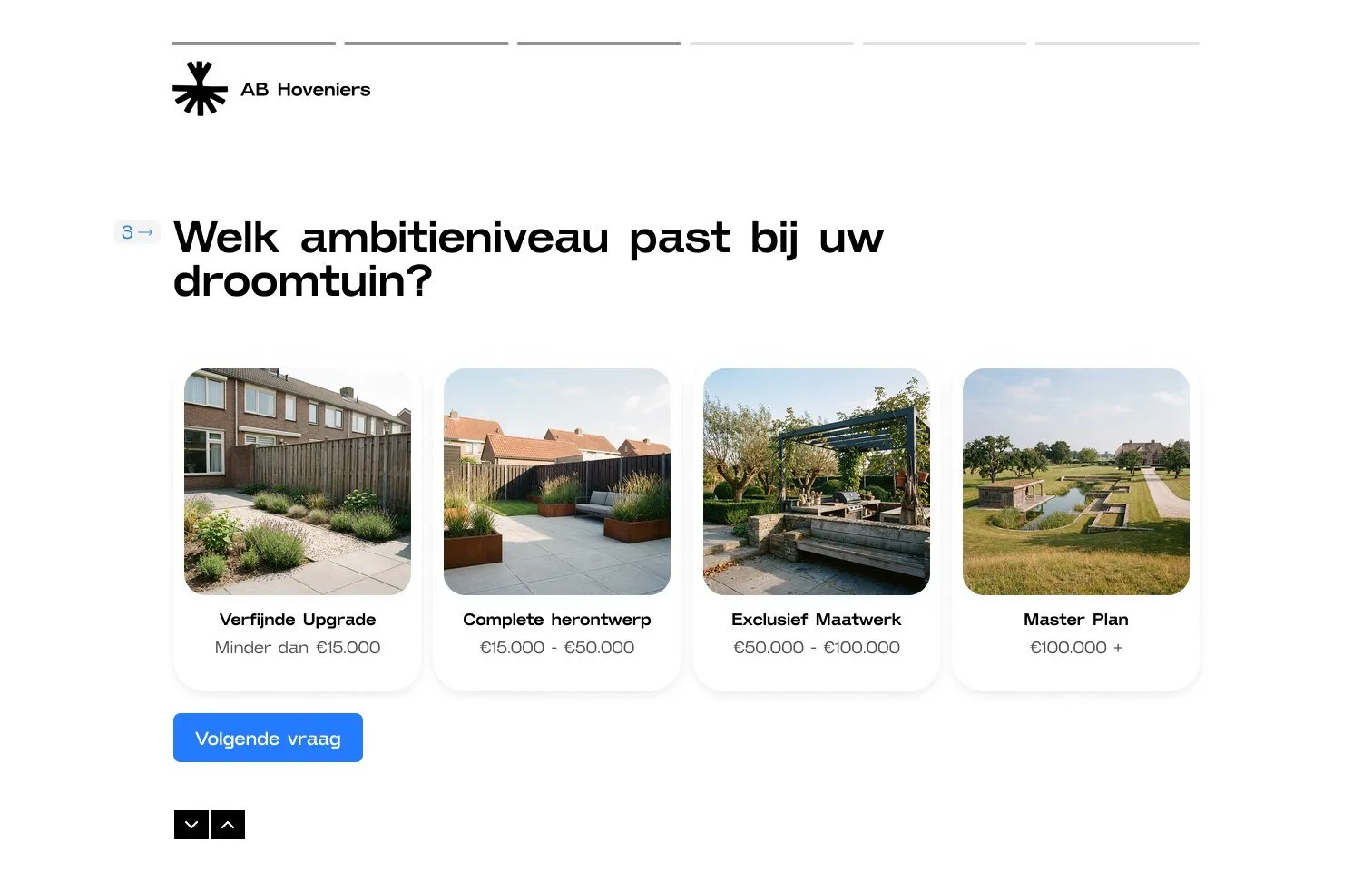 Scherm 3: “Welk ambitieniveau past bij uw droomtuin?” met vier fototegels, van Verfijnde Upgrade tot Master Plan.