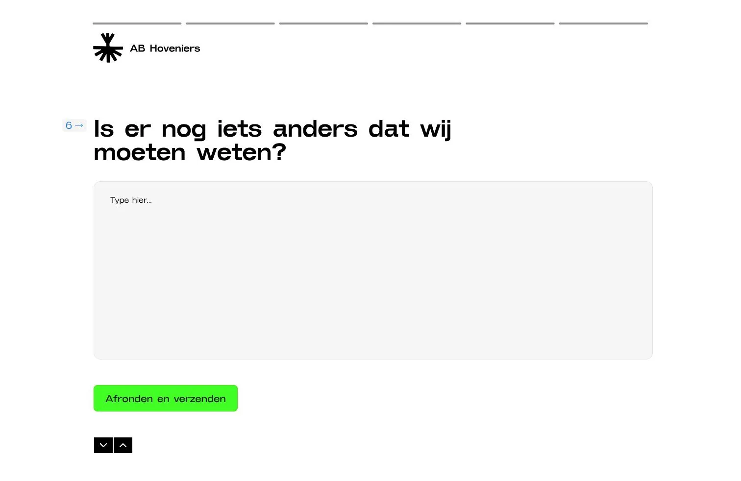 Scherm 6: “Is er nog iets anders dat wij moeten weten?” met een open tekstvak en de groene knop “Afronden en verzenden”.