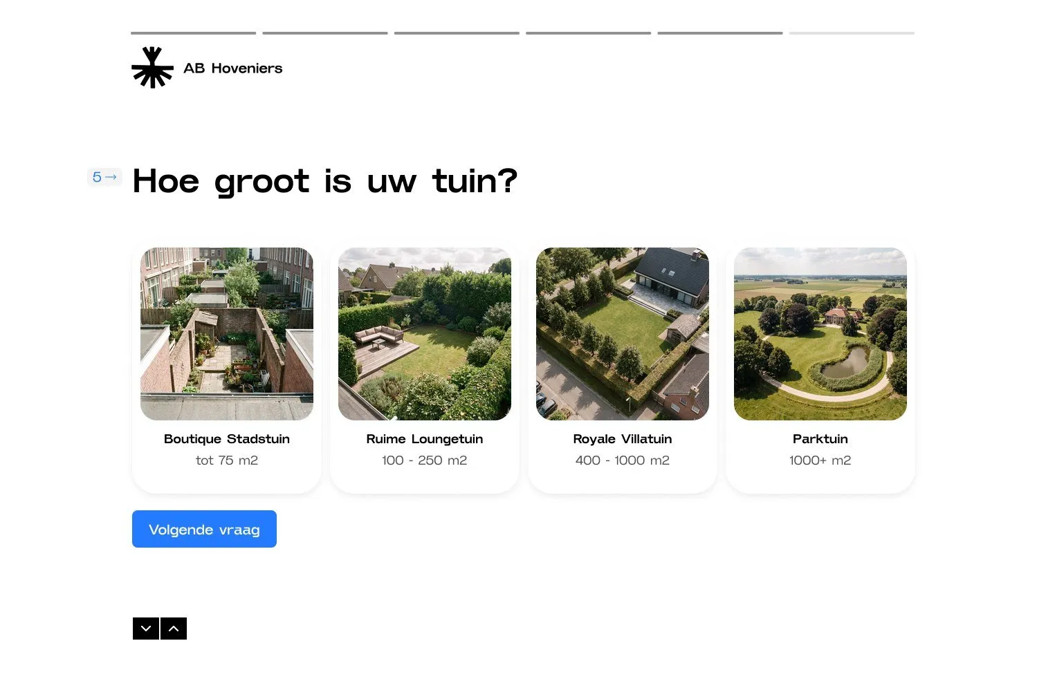 Scherm 5: “Hoe groot is uw tuin?” met vier luchtfoto’s, van Boutique Stadstuin tot Parktuin, elk met de m².