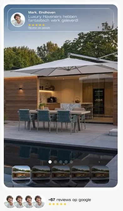 Voorbeeld van werk van AB Hoveniers: een buitenkeuken met eettafel aan een zwembad, met een Google-review van Mark uit Eindhoven en +67 reviews op Google.