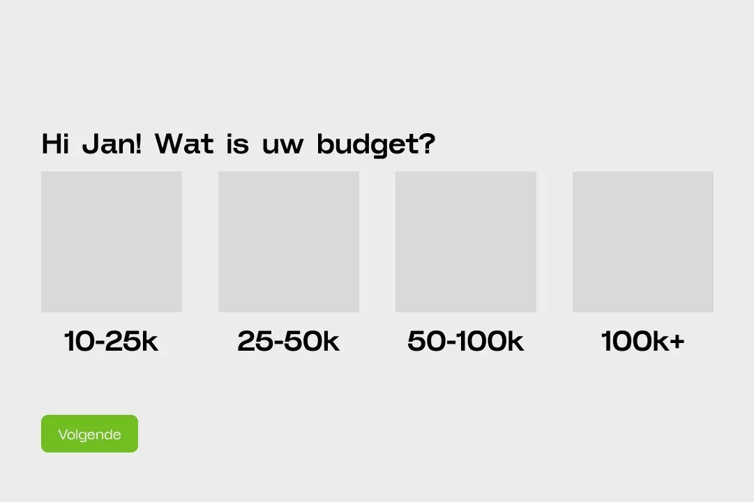 V1 wireframe: “Hi Jan! Wat is uw budget?” met vier grijze vakken, 10-25k, 25-50k, 50-100k en 100k+.