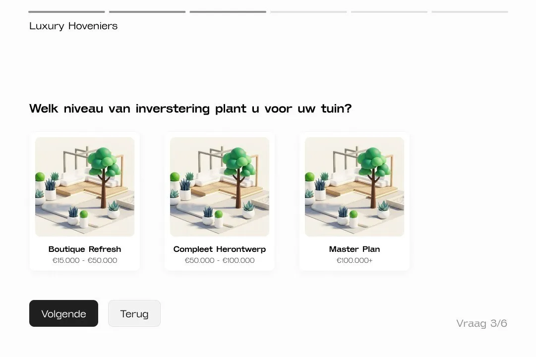 V2: “Welk niveau van investering plant u voor uw tuin?” met drie niveaus en “Vraag 3/6”.