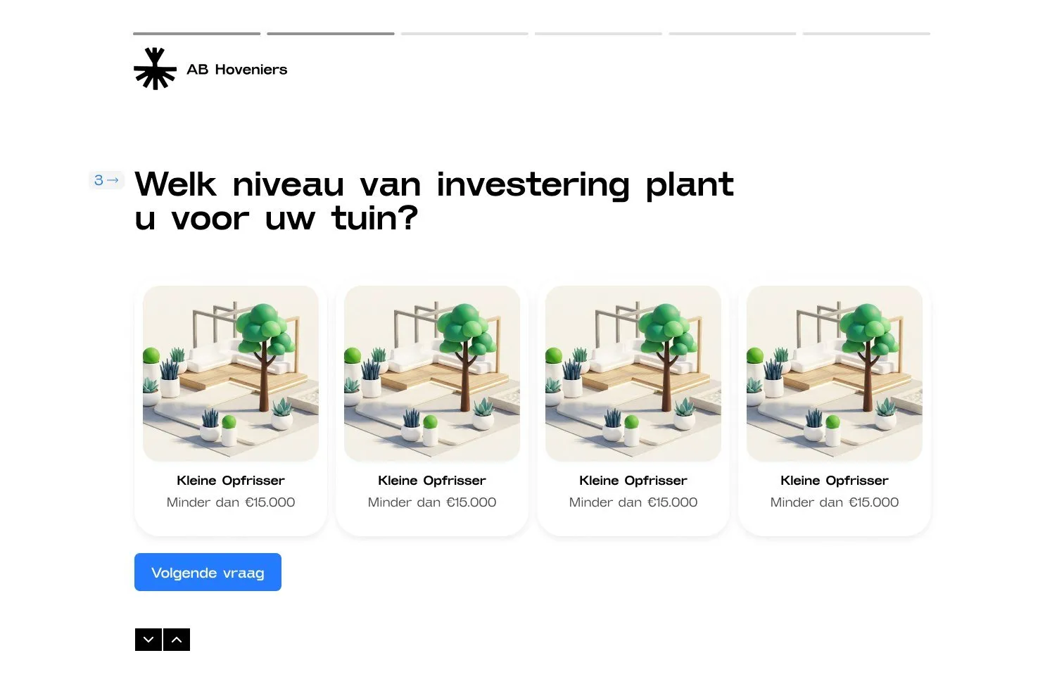 V3: een genummerde vraag met een voortgangsbalk, vier niveaus en pijltjestoetsen.
