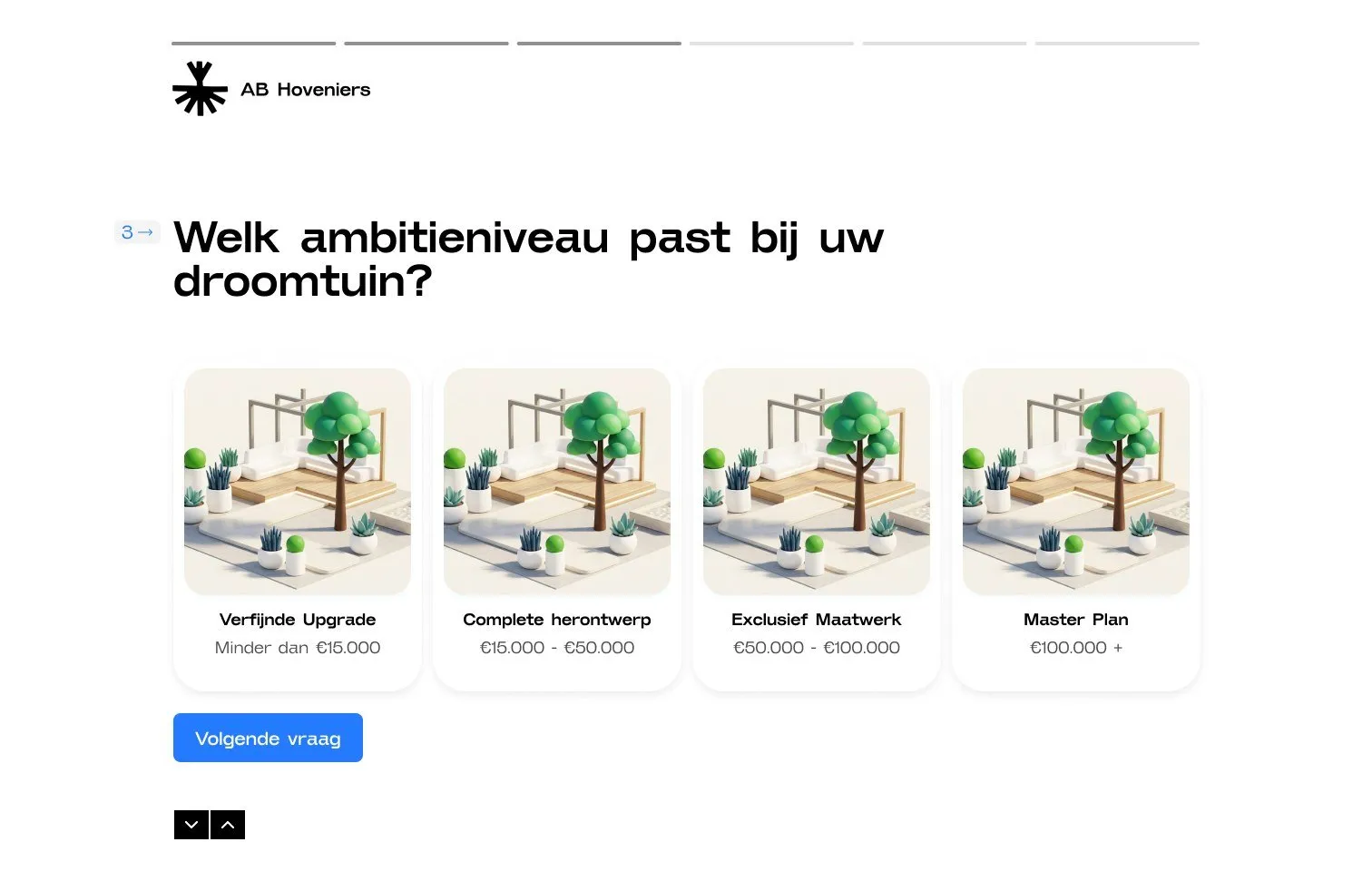 V4: “Welk ambitieniveau past bij uw droomtuin?” met vier niveaus met een naam, van Verfijnde Upgrade tot Master Plan.