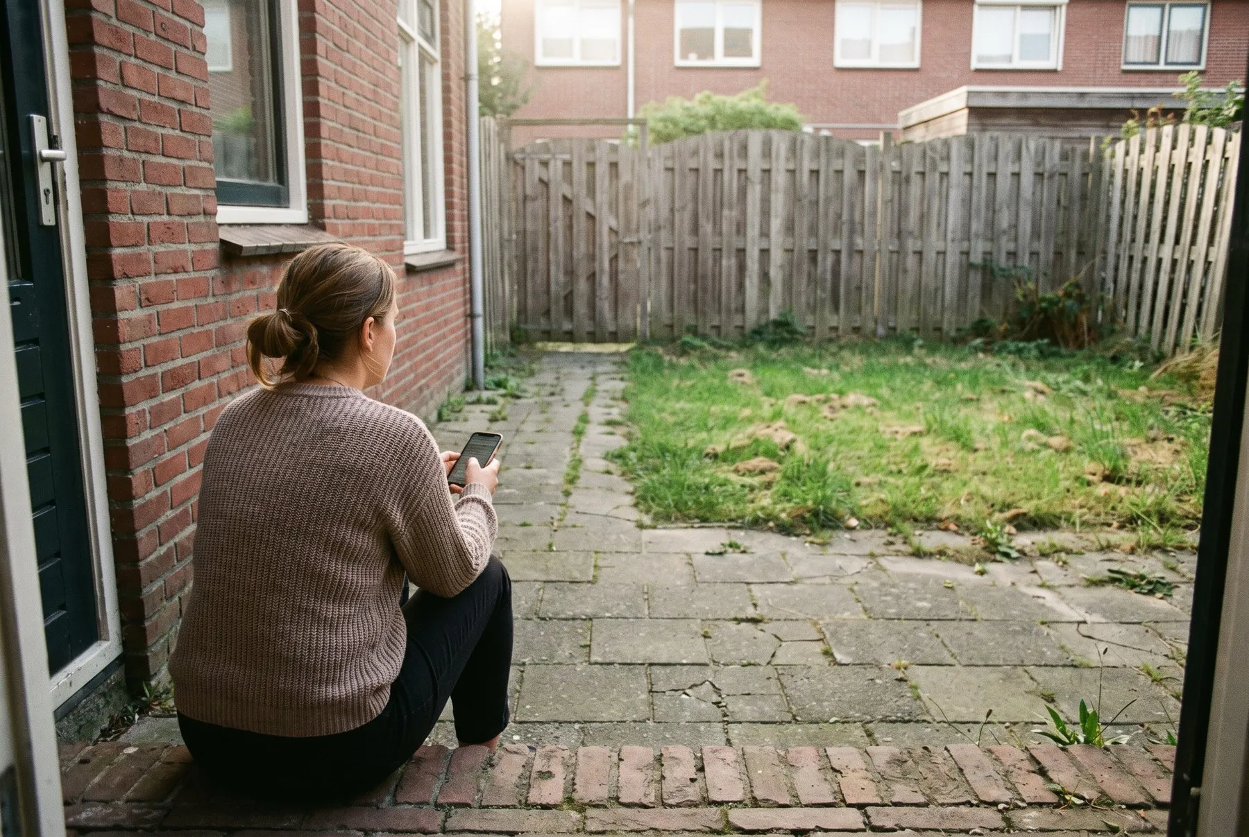 Een huiseigenaar op de stoep van haar achtertuin, met haar telefoon in de hand.