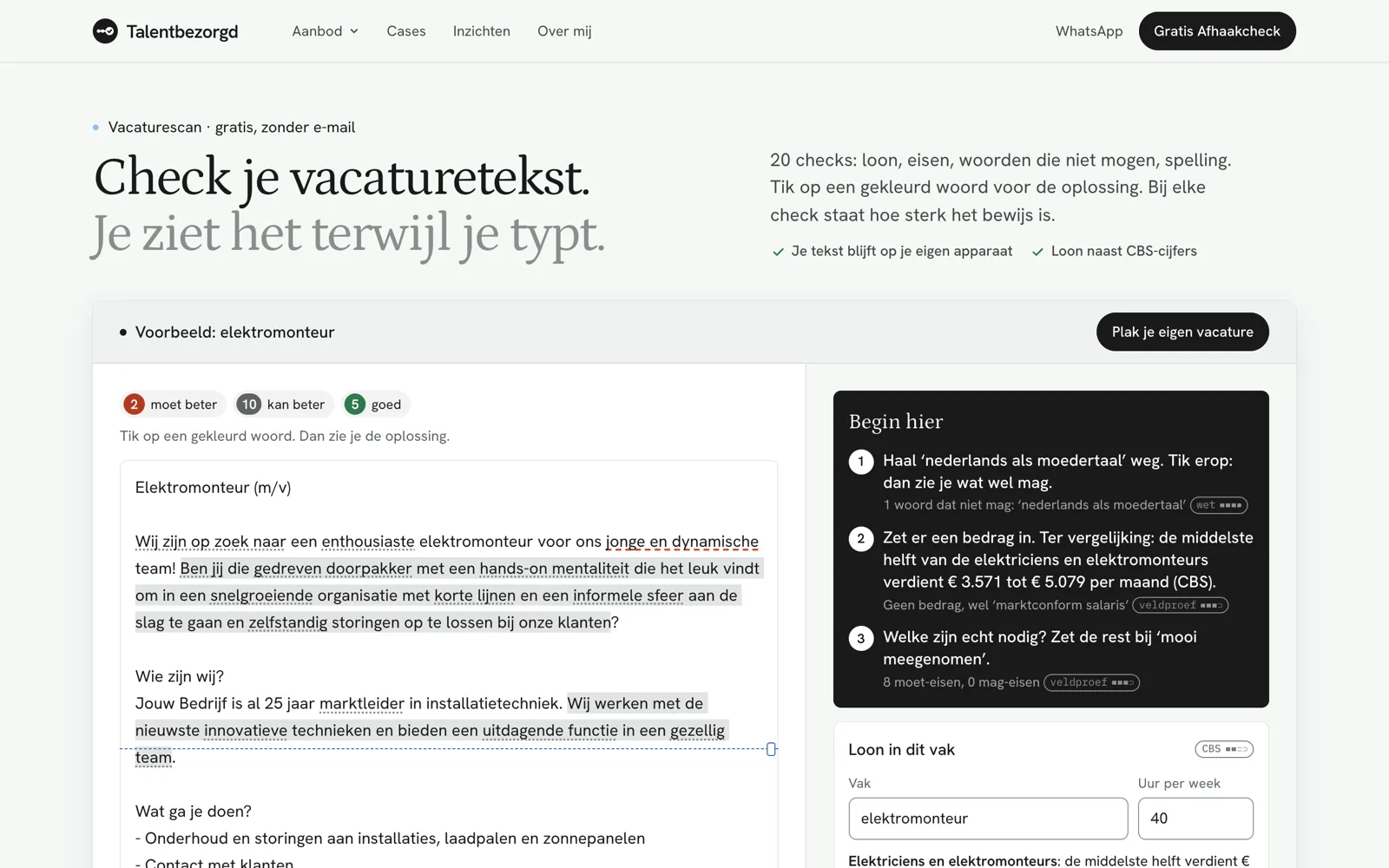 De Vacaturescan-pagina zoals hij live ging: de kop “Check je vacaturetekst”, een voorbeeldvacature met gekleurde markeringen en een paneel “Begin hier” met de drie belangrijkste verbeteringen.