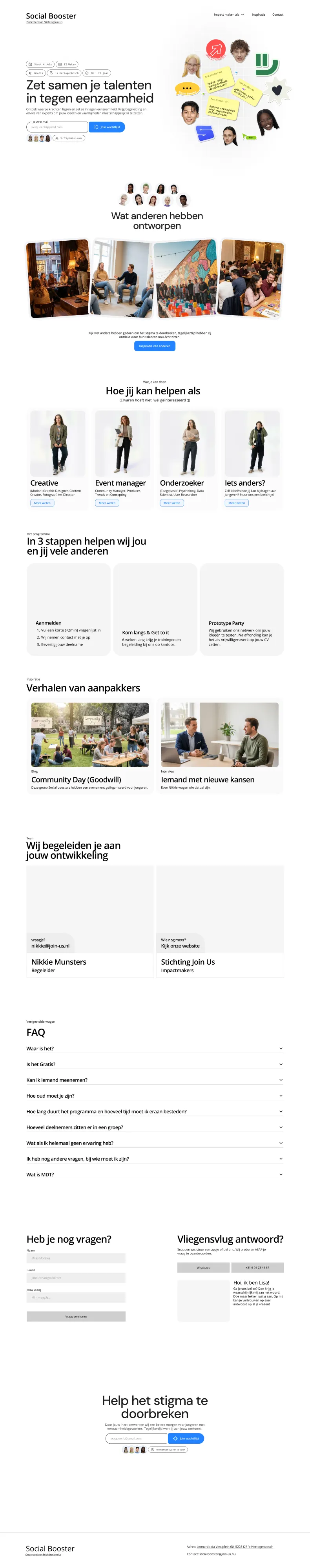 De nieuwe Social Booster-pagina (Home v0.45), bovenste deel: hero met kernfeiten en het wachtlijstveld, “Wat anderen hebben ontworpen” met foto’s, de rollen om uit te kiezen, het programma in drie stappen, verhalen en de begeleiders