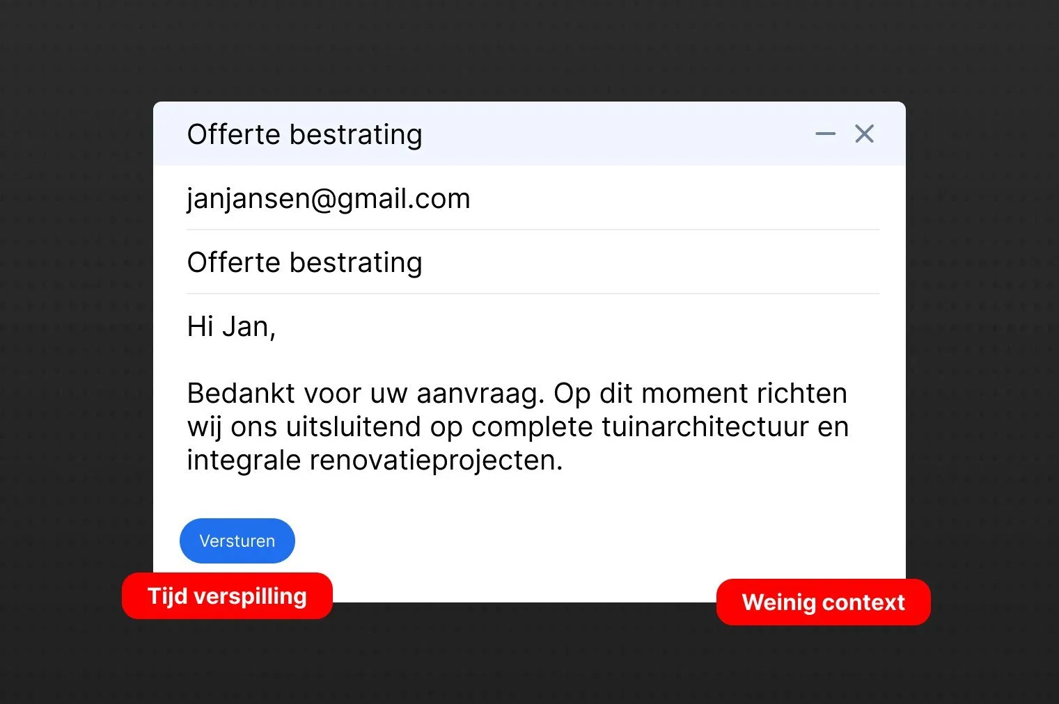 De mail die de hovenier daarna terugstuurt: hij doet alleen complete tuinarchitectuur en renovaties. Met de labels “Tijd verspilling” en “Weinig context”.