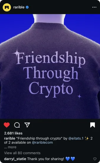 De Instagram-repost van Rarible met de trui 'Friendship Through Crypto', met 2.681 likes