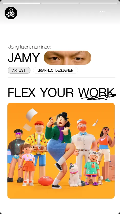 Instagram-story die een genomineerde voor Jong talent voorstelt, met de kop Flex your work