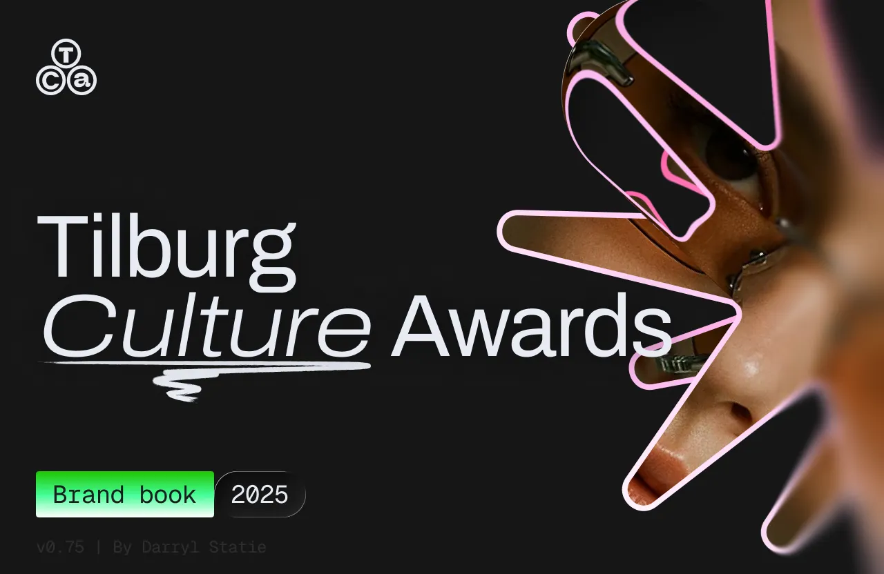 Cover van het brandbook van de Tilburg Culture Awards: het logo naast een gezicht achter een roze neonlijn.