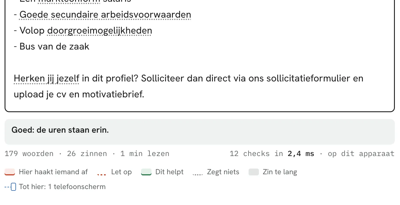 Versie 1: onder de tekst een grijs vak met één tip (“Goed: de uren staan erin.”), boven de woordentelling en de legenda van de markeringen.