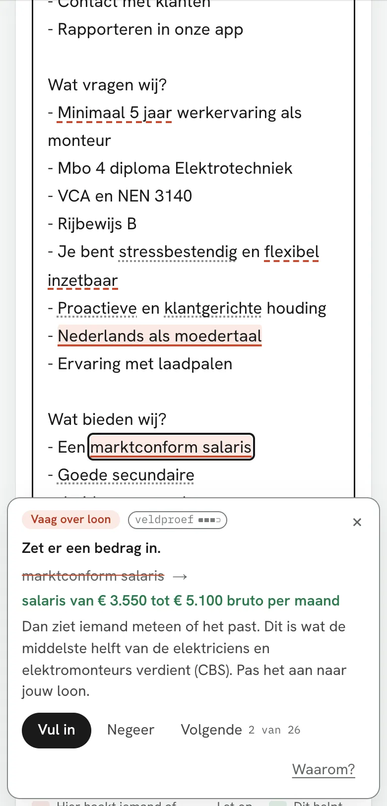 Versie 2 op een telefoon: het kaartje met de oplossing voor “marktconform salaris” boven het toetsenbord.